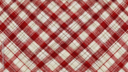A red and white checkered cloth with a red and white pattern. The cloth is plaid and has a checkered design