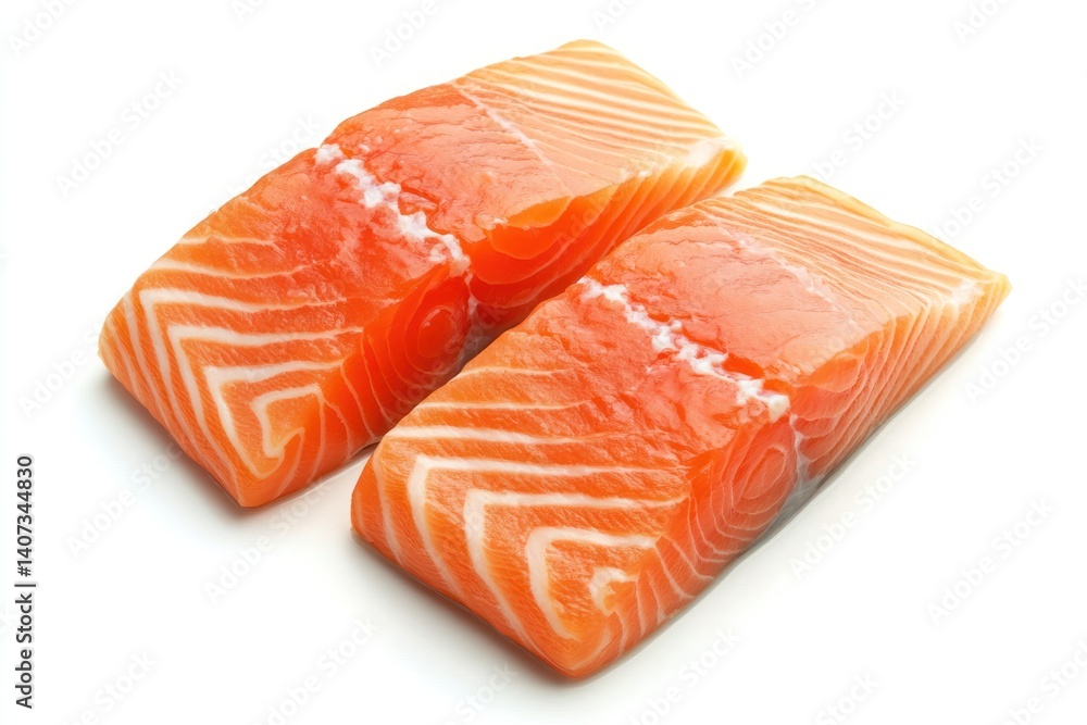 Two pieces of raw salmon fillet on a white background. Two pieces of raw salmon fillet on a white background.