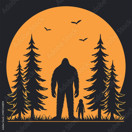 Bigfoot Silhouette in Moonlit Forest T-Shirt for Cryptid Believers.