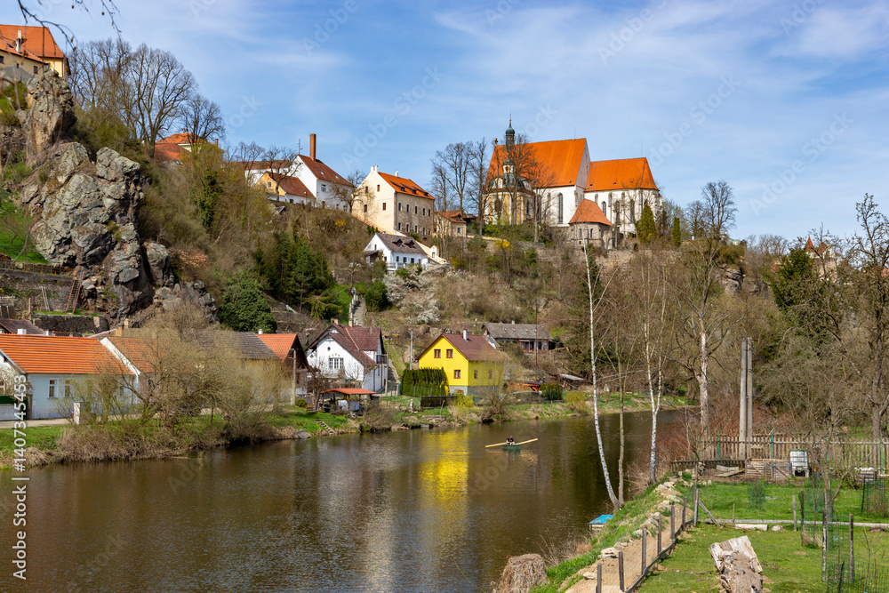 Bechyne Castle on the banks of the Luznice River in South Bohemia. Warm spring day.
