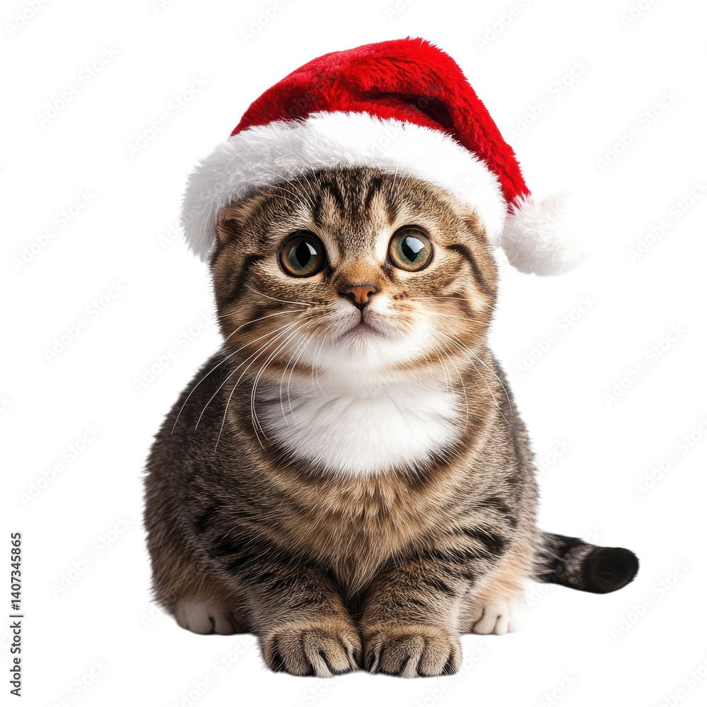 Adorable Cat Sitting Comfortably in a Festive Christmas Hat Perfect for Seasonal Greeting Cards and Decor isolated on transparent background. Adorable Cat Sitting Comfortably in a Festive Christmas Hat Perfect for Seasonal Greeting Cards and Decor isolated on transparent background.
