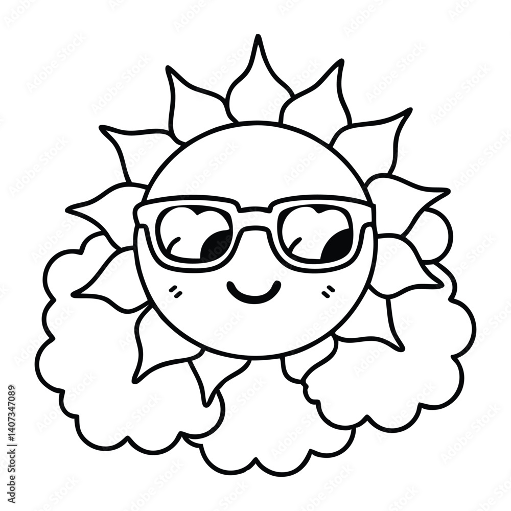 Outline of a Cute Smiling Sun with Sunglasses and Clouds Vector Illustration Outline of a Cute Smiling Sun with Sunglasses and Clouds Vector Illustration