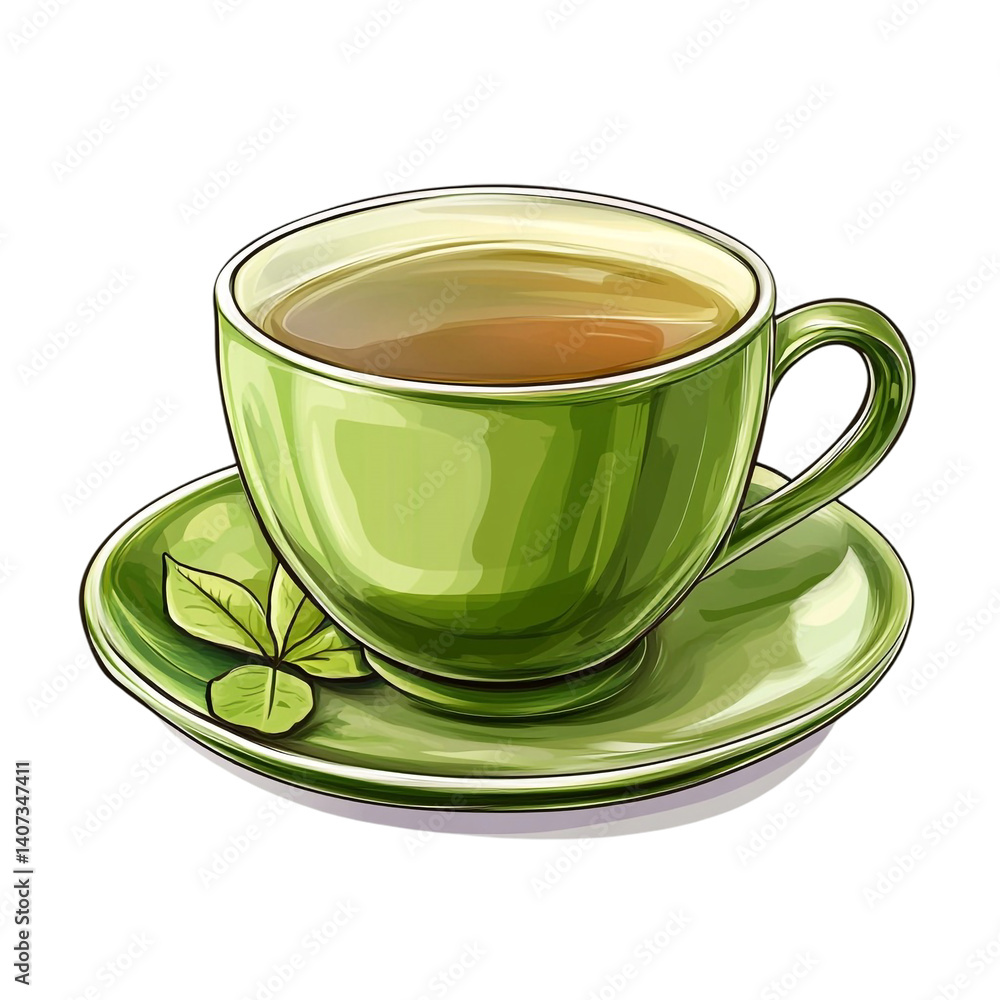 Green teacup saucer and leaves refreshing beverage herbal drink Green teacup saucer and leaves refreshing beverage herbal drink