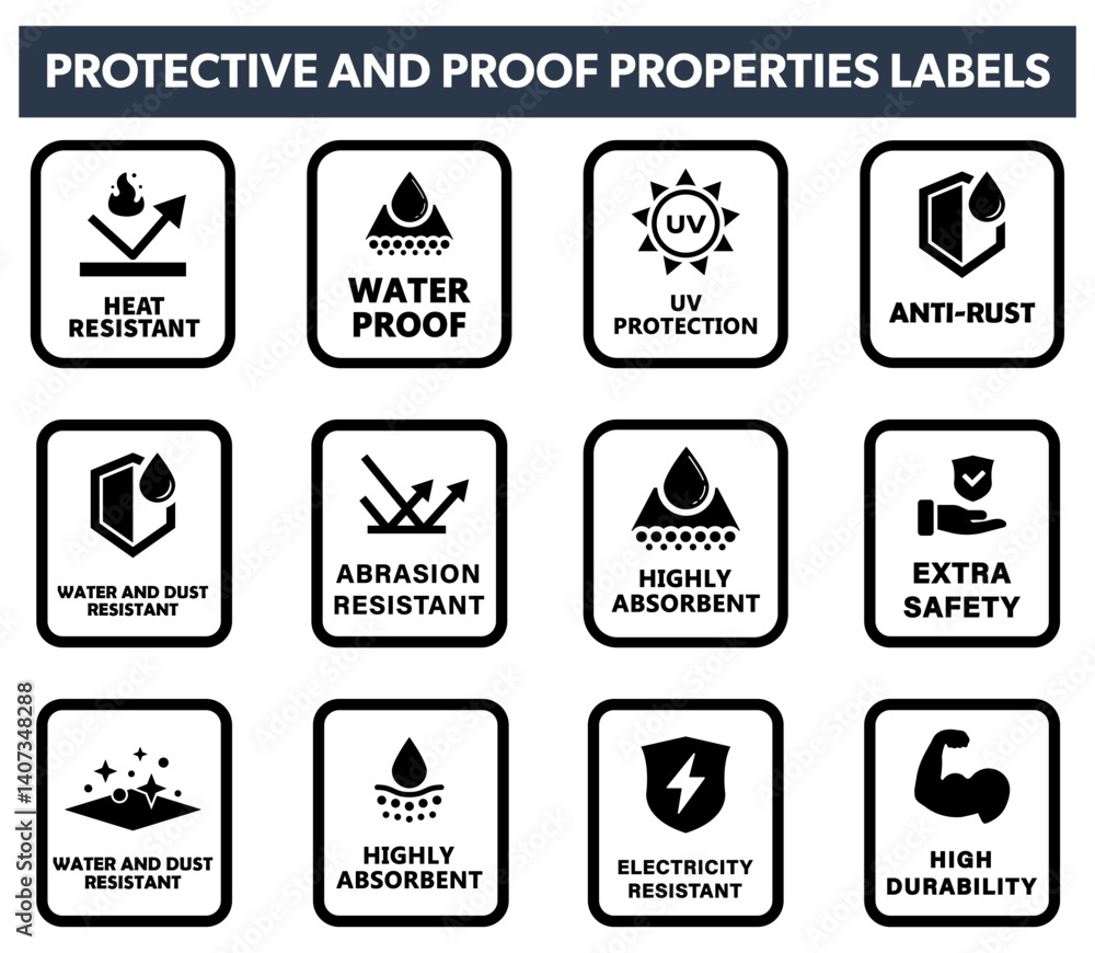 Obraz premium Protective Material signs for clothes or packaging, Safety and resistant labels.