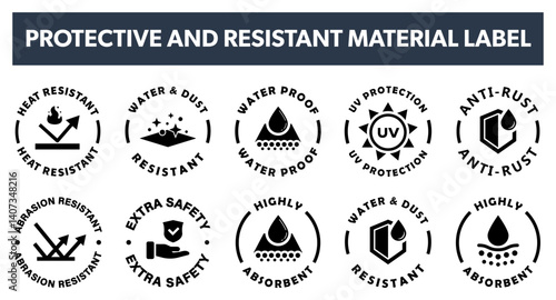 Proof and protective material and clothes - vector resistant fabric properties signs.