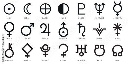 Vector set astrology and astronomy planet symbols. Outline icons for horoscope.