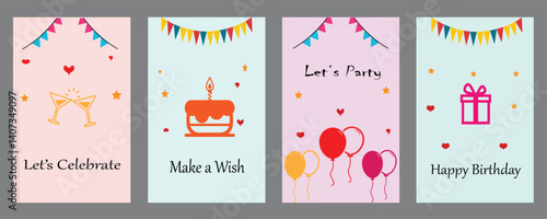 Happy birthday card set, banner or template with cake, balloons, party drink and gift box decoration element for birthday celebration greeting card design. Vector illustration editable file.