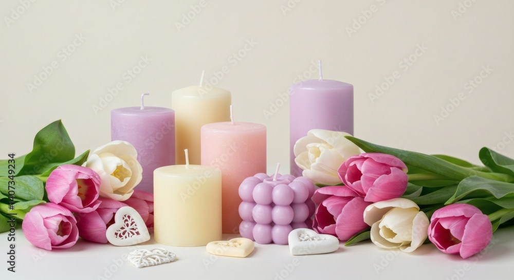 Arrangement of tulips and pastel candles with decorative hearts on neutral surface. Arrangement of tulips and pastel candles with decorative hearts on neutral surface.