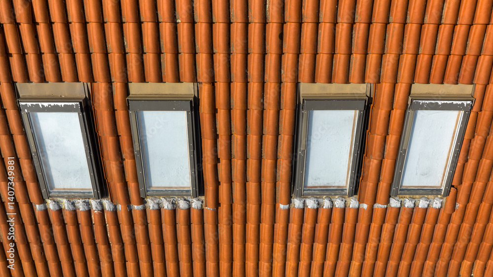 Aerial view of 4 small windows on the roof of a building.