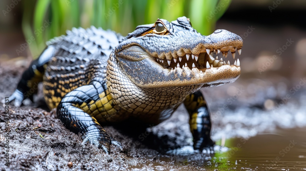 Obraz premium Alligator in marsh, head and shoulders, alert, water ripples in background