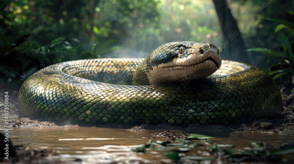 Fototapeta premium Giant snake coiled in jungle swamp; sunlight filtering through foliage
