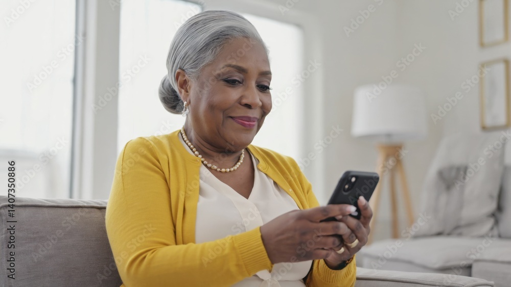 Elderly woman using smartphone for communication. Content with digital technology. Elderly woman using smartphone for communication. Content with digital technology.