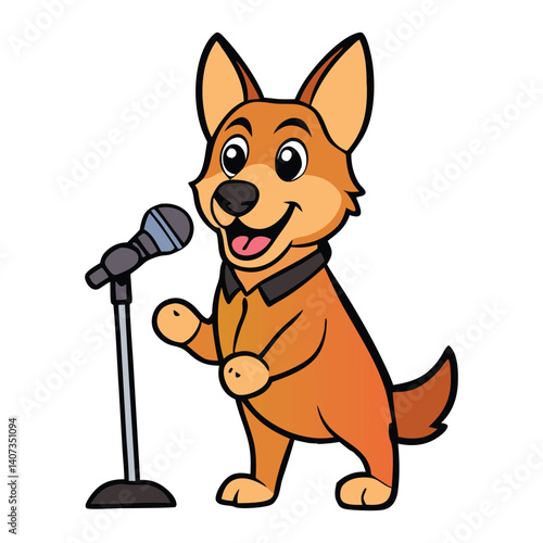 A playful German Shepherd puppy, energetically performing into a microphone with a joyful expression, exuding charm and enthusiasm, capturing a fun and lively moment.
