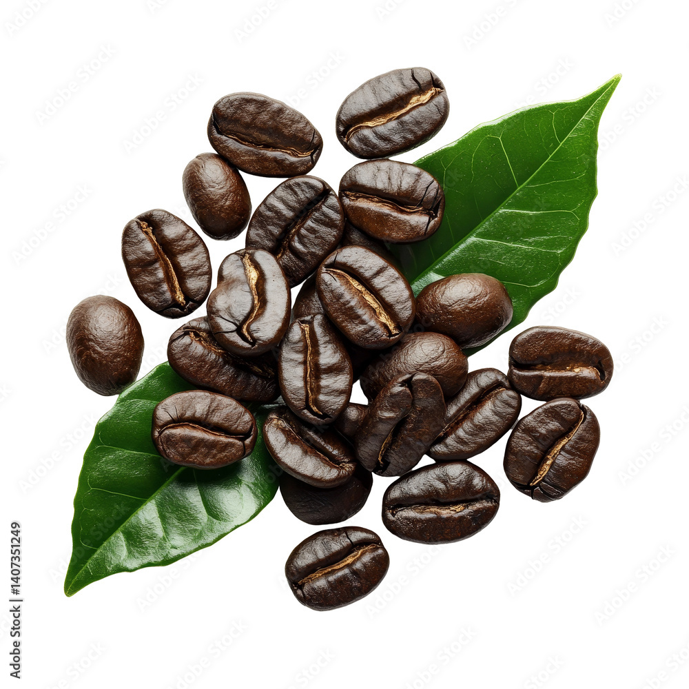 Obraz premium Freshly roasted coffee beans with vibrant green leaves on a transparent background showcasing quality and aroma, fresh roast coffee beans and leaf on transparent background