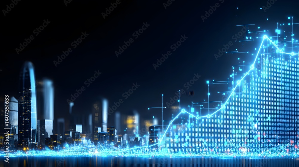Economic growth illustrated with futuristic digital graph overlay on city skyline reflecting business success trends. Economic growth illustrated with futuristic digital graph overlay on city skyline reflecting business success trends.