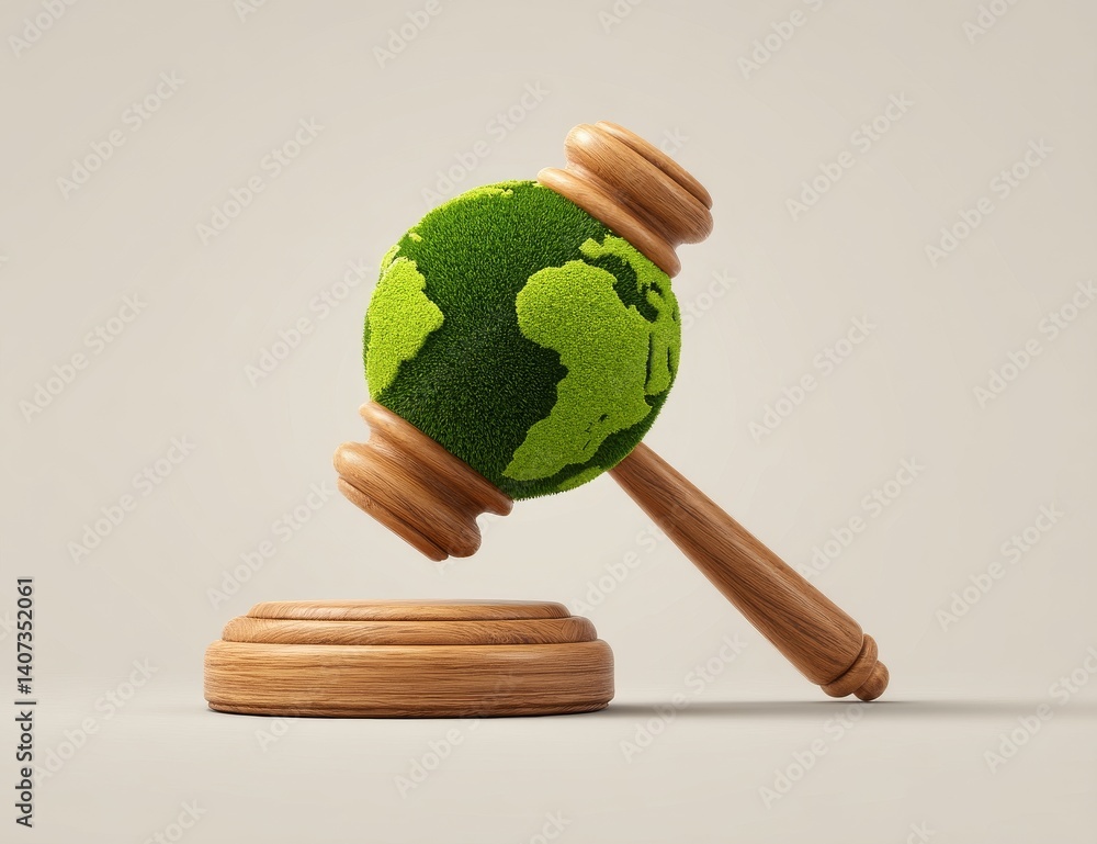 Gavel Resting on Green Grass Earth Globe Symbolizing Justice for Environmental Awareness