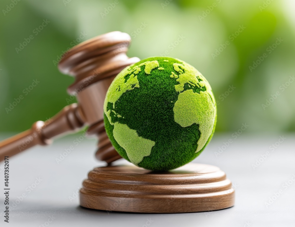 Green Planet Globe on Wooden Gavel Symbolizing Environmental Justice and Legal Responsibility