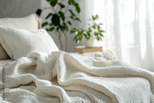 Soft Textured White Blanket and Pillow on Bed in Bright Minimalist Bedroom with Natural Light