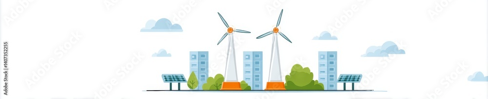 Simple Flat Illustration of Two Wind Turbines with Green Environment and Buildings