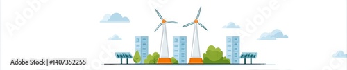 Obraz na płótnie Simple Flat Illustration of Two Wind Turbines with Green Environment and Buildings w salonie