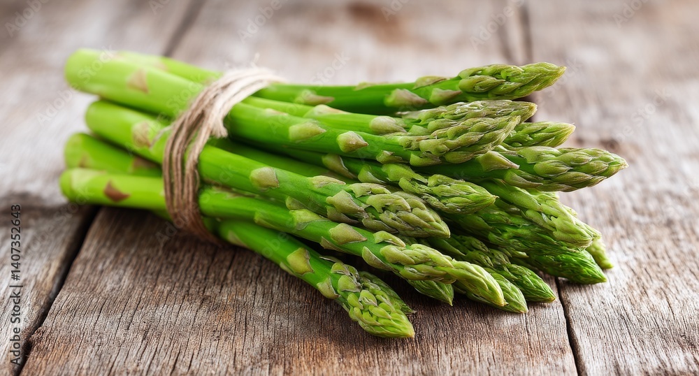 Fresh Asparagus Bundled on Rustic Wooden Table in Close-Up View for Culinary Inspiration