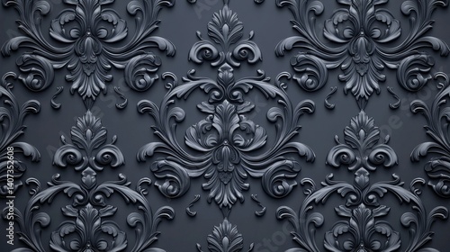 Elegant dark gray baroque damask pattern seamless texture background 3d art home royal style decor