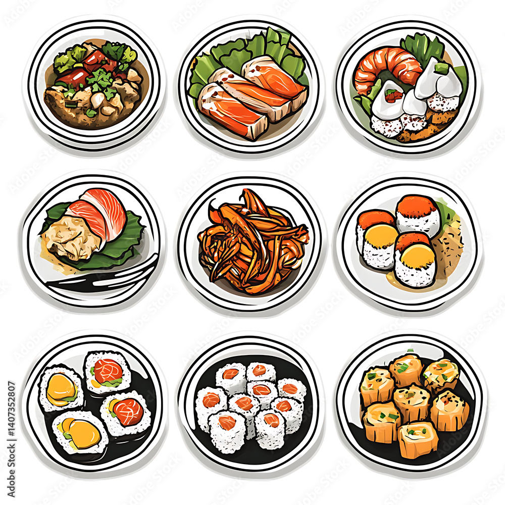 A graphic representation of a diverse range of Asian dishes, including sushi, seafood, and stir-fries. A graphic representation of a diverse range of Asian dishes, including sushi, seafood, and stir-fries.