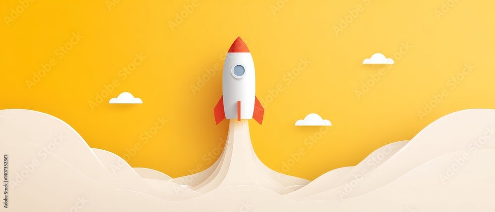 Minimalist Yellow Background with White Lines and Paper Rocket in Dynamic Launch Style