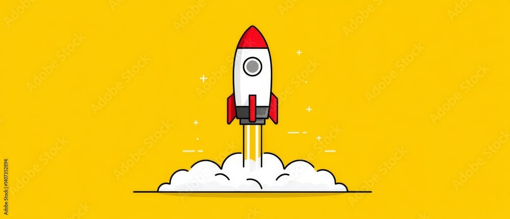 Simple Line Art of a Rocket in Flight Over a Bright Yellow Background