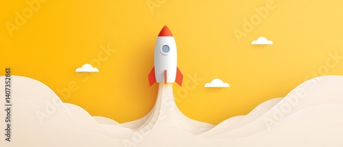 Obraz na płótnie Minimalist Yellow Background with White Lines and Paper Rocket in Dynamic Launch Style w salonie