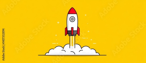 Simple Line Art of a Rocket in Flight Over a Bright Yellow Background