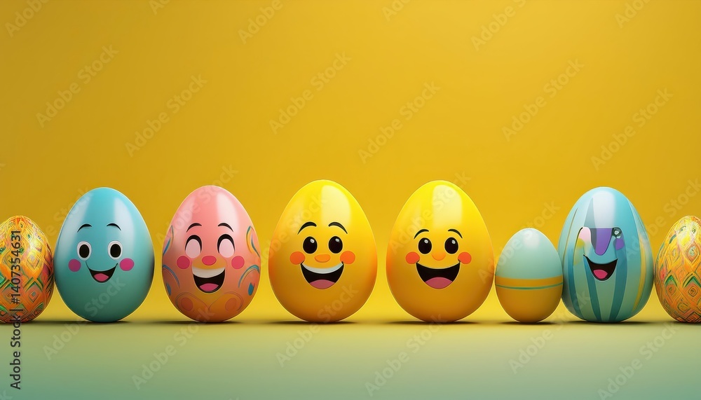 Vibrant Easter Egg Emoticon Character against a Luminous Yellow Backdrop, Radiating Joy and Playfulness, Perfect for Digital Art or Colorful Designs. Vibrant Easter Egg Emoticon Character against a Luminous Yellow Backdrop, Radiating Joy and Playfulness, Perfect for Digital Art or Colorful Designs.