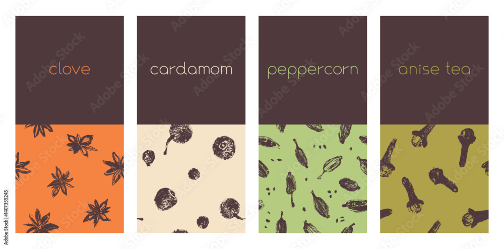 Vector set of seamless spice patterns featuring cardamom, clove, peppercorn, and anise. Perfect for packaging, textiles, cosmetics, and extended commercial licenses. Vector set of seamless spice patterns featuring cardamom, clove, peppercorn, and anise. Perfect for packaging, textiles, cosmetics, and extended commercial licenses.