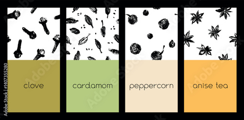 Vector set of seamless spice patterns featuring cardamom, clove, peppercorn, and anise. Perfect for packaging, textiles, cosmetics, and extended commercial licenses.