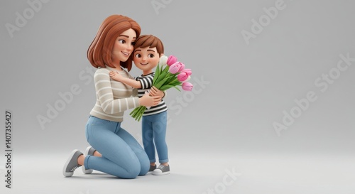 Affectionate animated Mother's Day scene with copy space