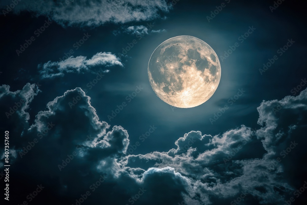 Full moon shines brightly in a dark blue night sky with clouds. Full moon shines brightly in a dark blue night sky with clouds.