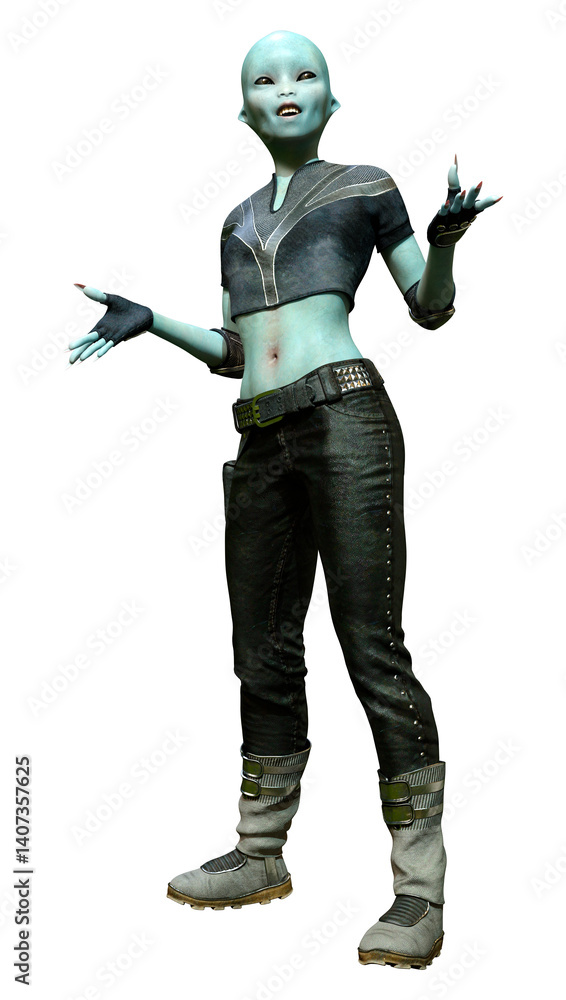 3D Rendering Green Teenager Alien on White 3D Rendering Green Teenager Alien on White