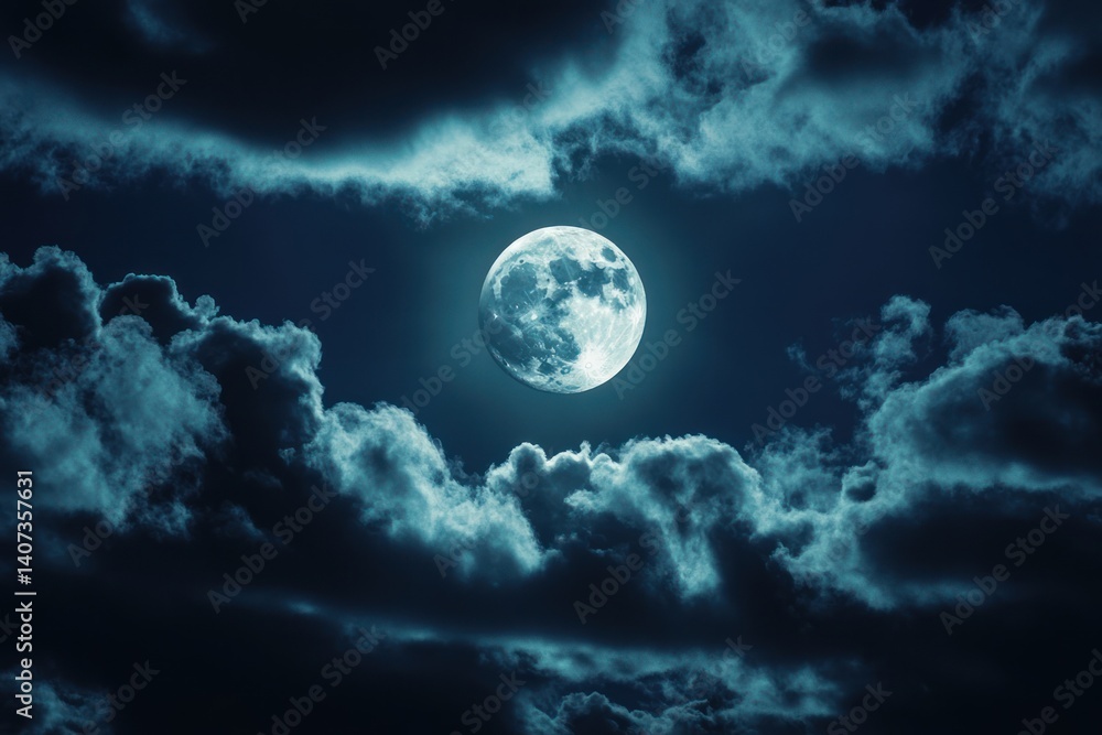 Full moon shines brightly in a dark blue sky with swirling clouds. Full moon shines brightly in a dark blue sky with swirling clouds.