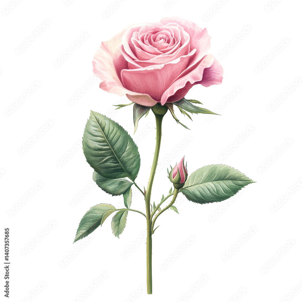 Fototapeta premium Elegant full body pink rose illustration on a clean transparent background, showcasing its delicate petals and leaves, Full Body Pink Rose Illustration on transparent background