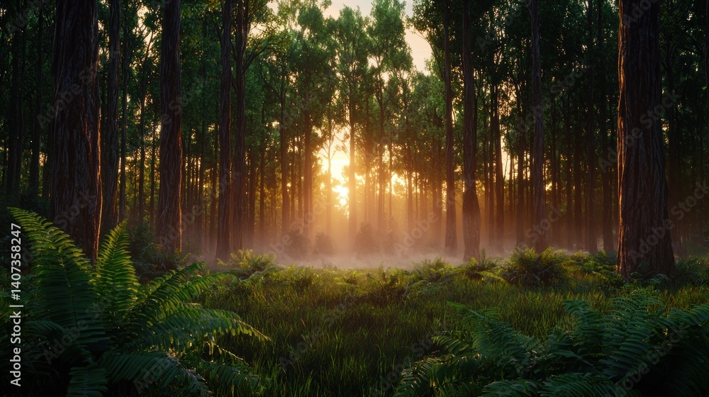 Obraz premium Golden Sunlight Piercing Misty Forest