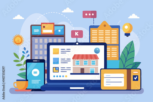 Modern vector of an online hotel booking website with mobile and laptop screens