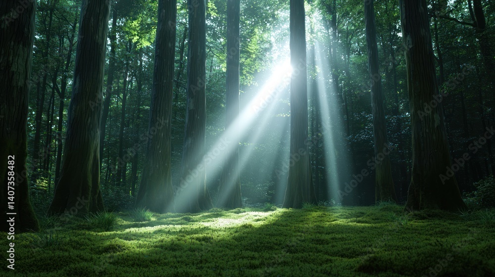 Fototapeta premium Sunlight beams through mossy forest floor
