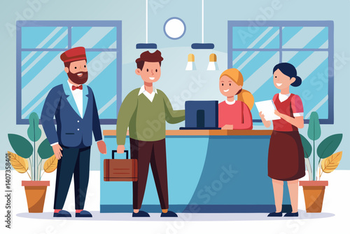 Vector illustration of hotel reception staff welcoming guests at check-in counter