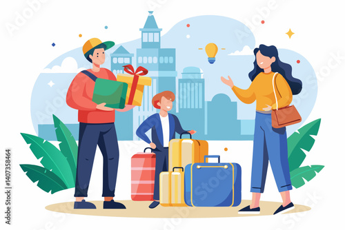Flat design vector of a travel agent showing holiday packages to a couple