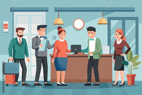 Vector illustration of hotel reception staff welcoming guests at check-in counter