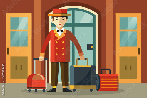 Vector image of a bellhop carrying luggage to a hotel room