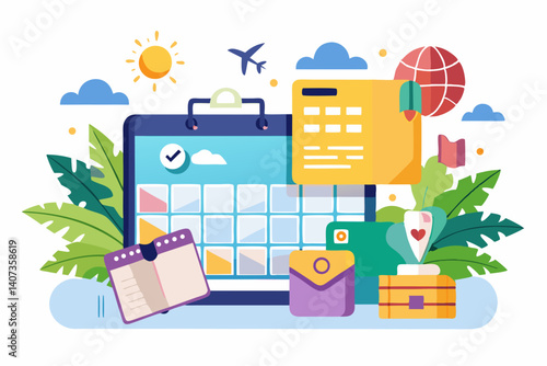 Vector design of a vacation itinerary planner with calendar, tickets, and maps