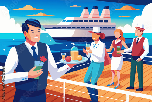 Vector scene of cruise ship staff serving drinks on the deck
