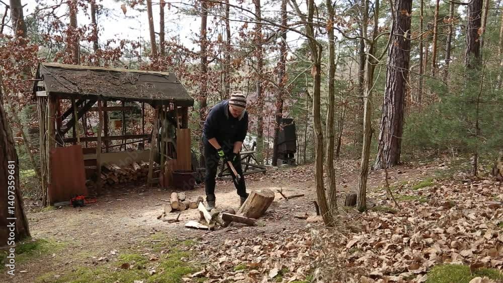 Man chopping firewood with an axe Man chopping firewood with an axe