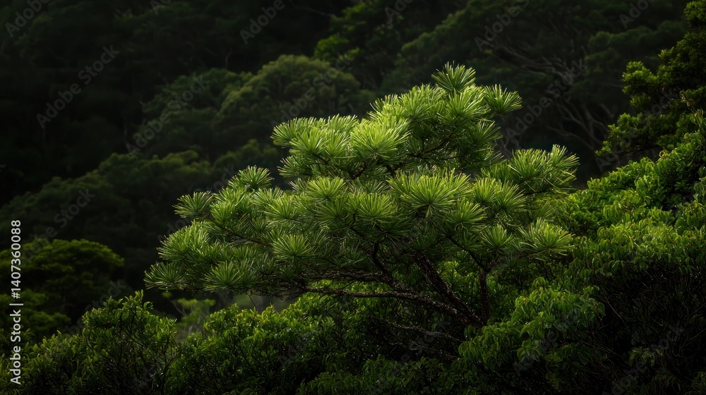 Lush pine tree in dense forest. Sunlight highlights the needles Lush pine tree in dense forest. Sunlight highlights the needles